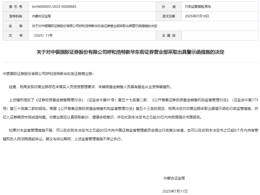中银证券1营业部及2责任人收警示函 基金销售无证上岗